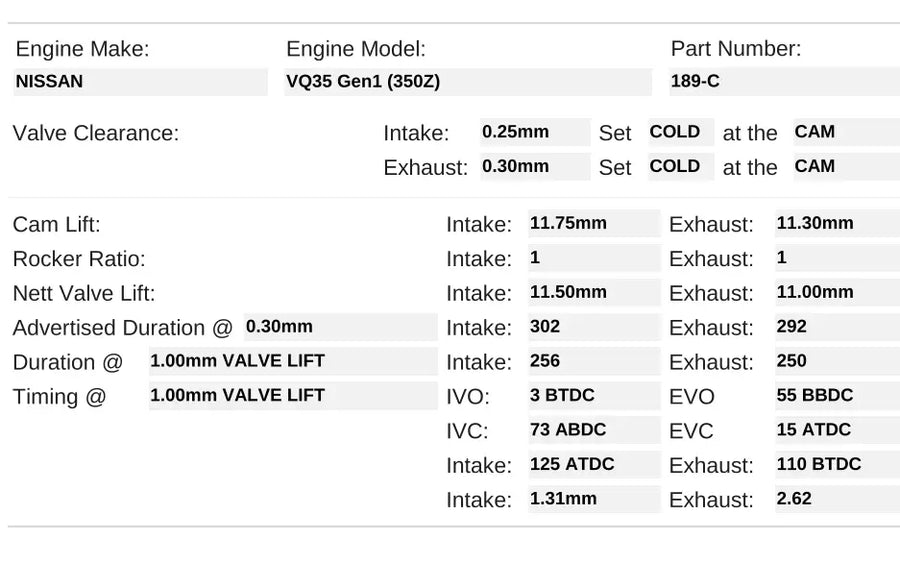 Kelford Cams Nissan VQ35 GEN 1 (350Z) Camshafts - 189-C