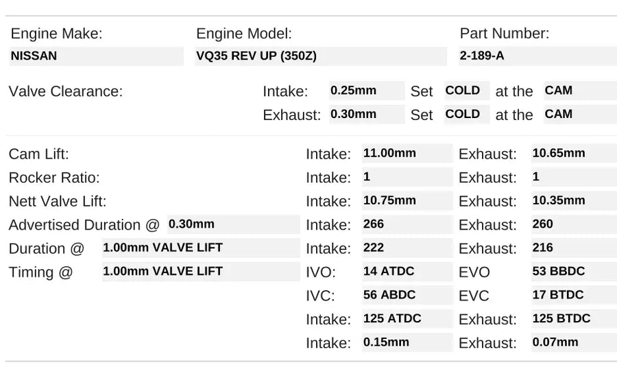 Kelford Cams 266/260 Stage 1 VQ35 Gen2 Rev Up Camshafts - 2-189-A