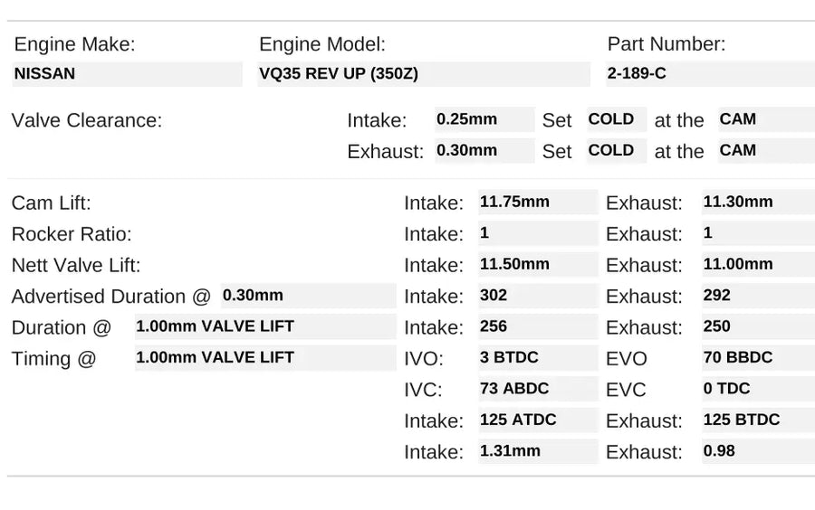 Kelford Cams 302/292 Stage 3 VQ35 Racing Only Camshafts - 2-189-C