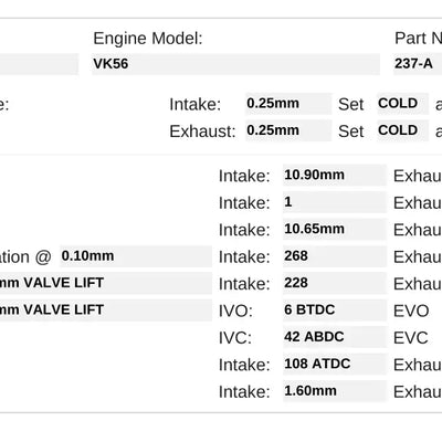 Kelford Cams Nissan VK56DE Performance Camshafts Camshafts - 237-A