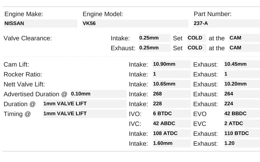Kelford Cams Nissan VK56DE Performance Camshafts Camshafts - 237-A
