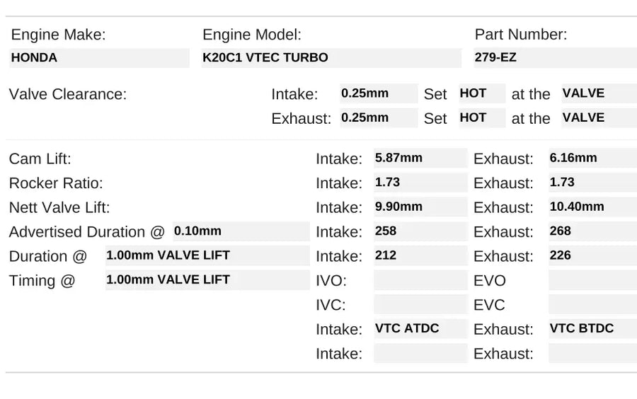 Kelford Cams 279-EZ Honda K20C1 VTEC Turbo camshaft