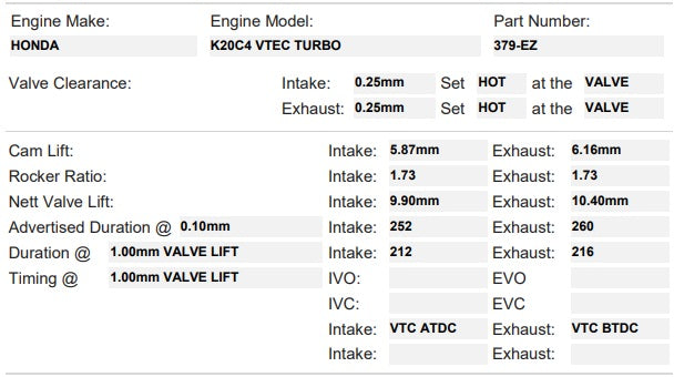Kelford Cams 379-EZ | 252/260 | Drop-In Turbo K20C4